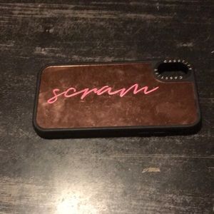Custom phone case that says SCRAM on it in cursive